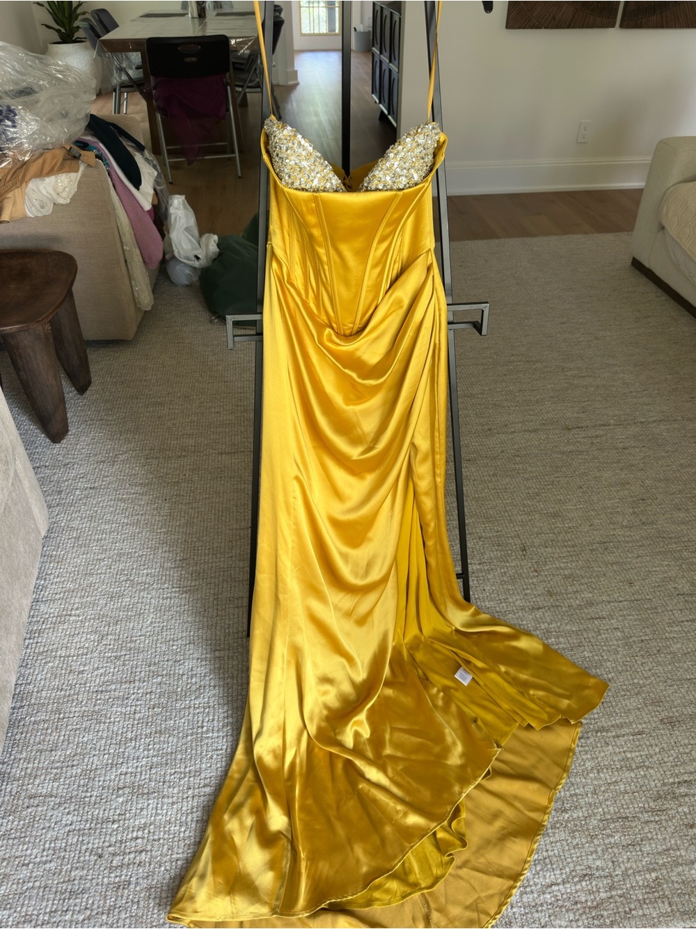 Gianni Bini Gold Satin Prom Gown with Beaded Sweetheart Bodice